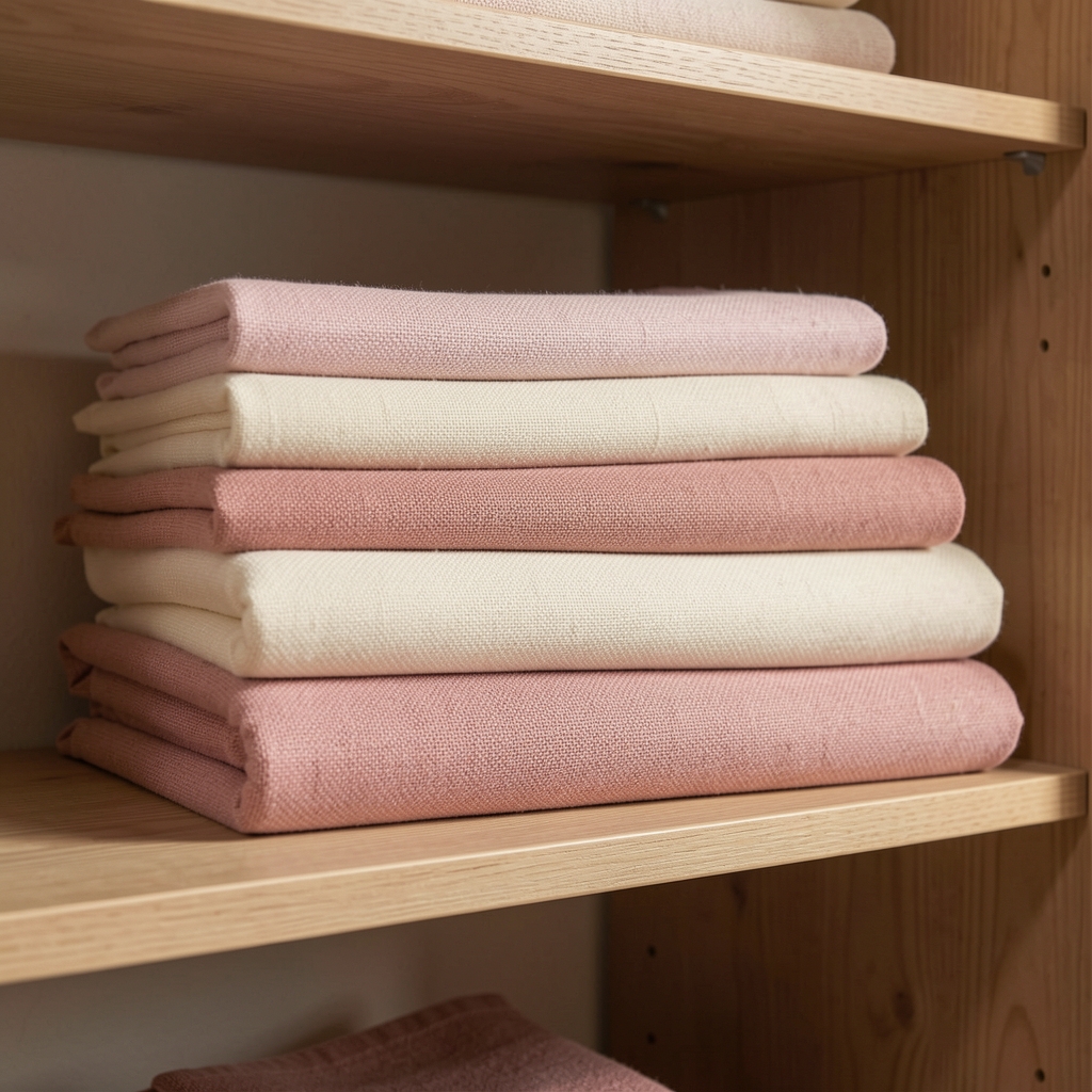 Textile pliate în nuanțe de crem și roz pe un raft din lemn, fără persoane