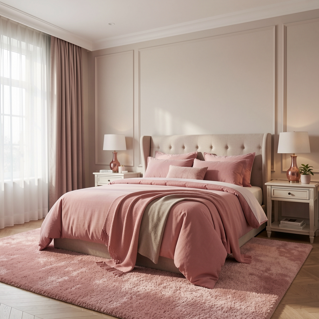 Dormitor elegant fără persoane cu lenjerie roz pudrat și covor moale