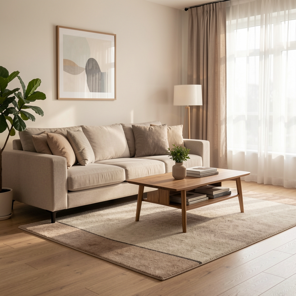 Covor decorativ cu model discret așezat pe podeaua unui living ordonat fără persoane