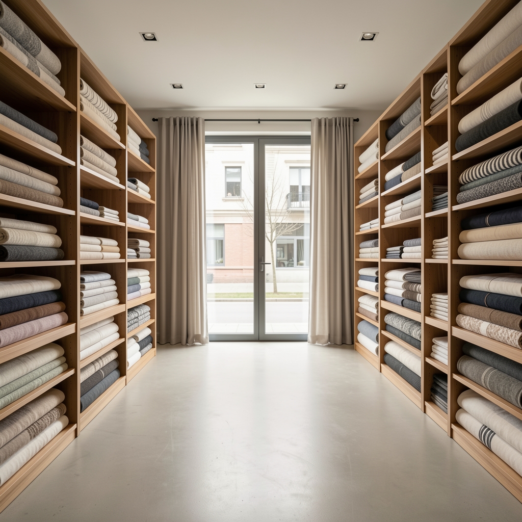 Interior de showroom de textile cu rafturi ordonate și perdele la ferestre, fără persoane