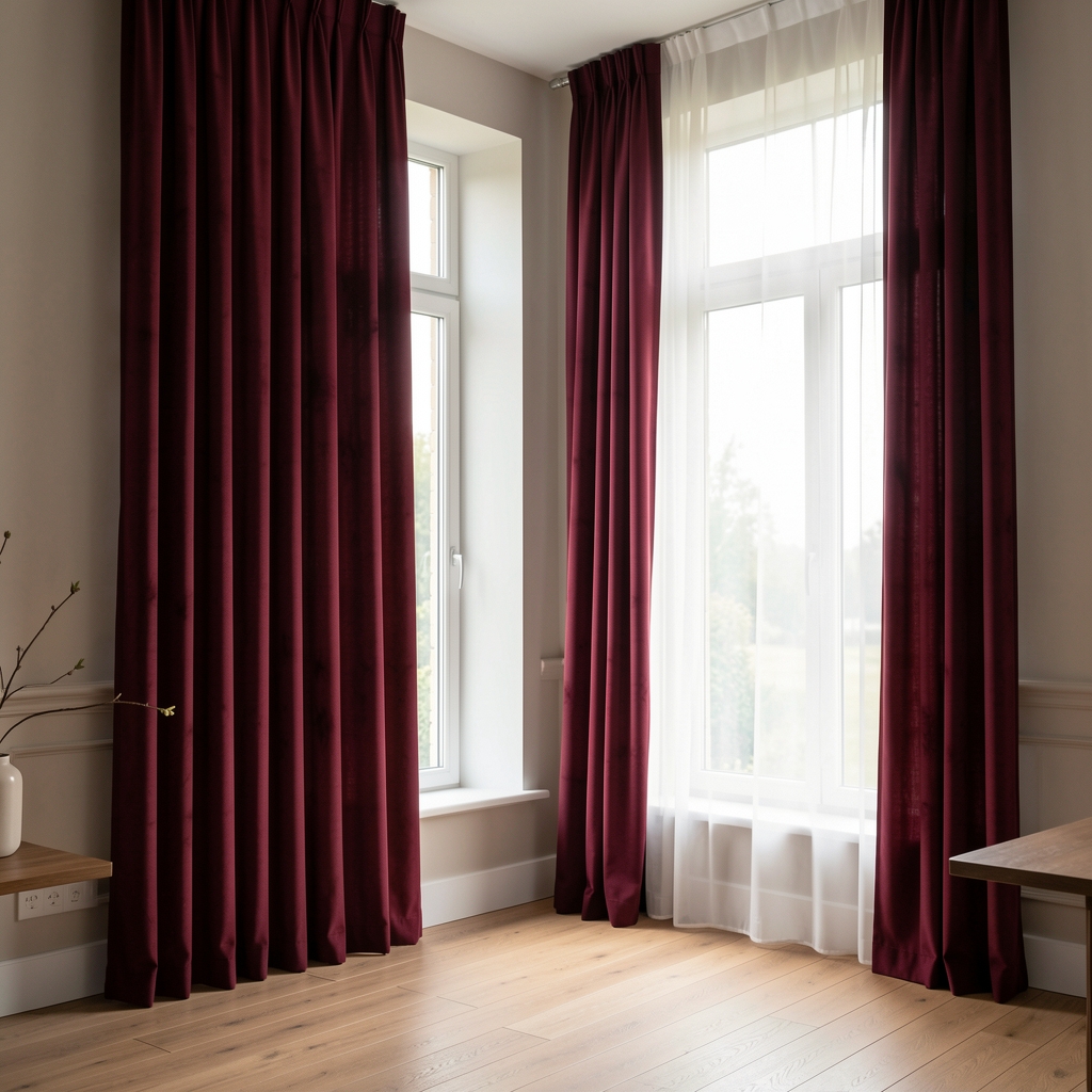 Perdele crem și draperii vișinii la o fereastră mare, interior fără persoane