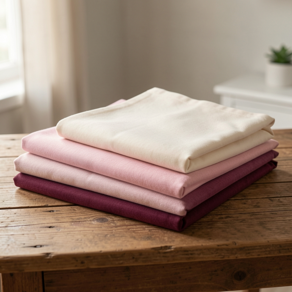 Selecție de textile pliate pe masă de lemn, paletă crem roz și vișiniu, fără persoane