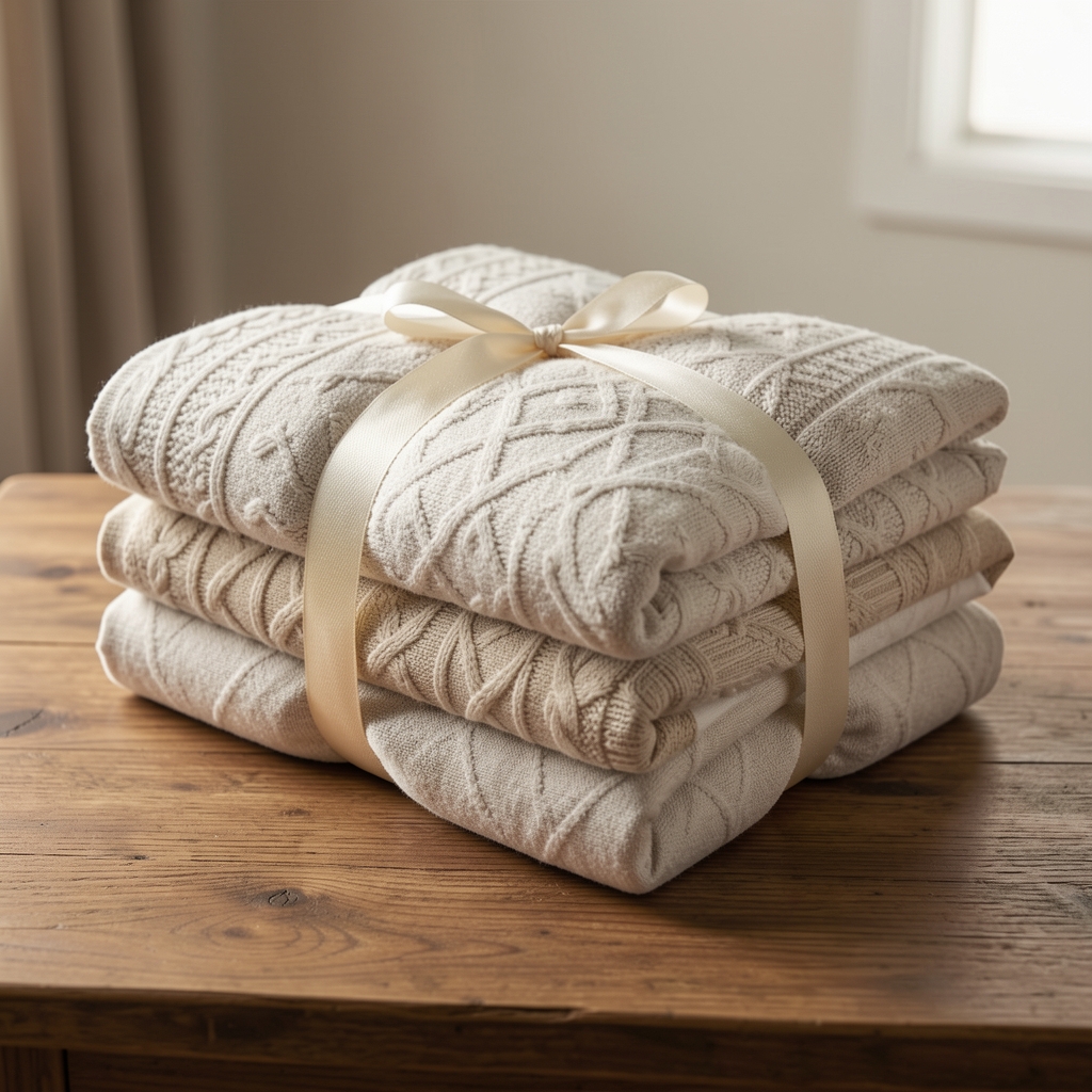 Pachet de textile pentru casă ambalat atent pe o masă, fără persoane