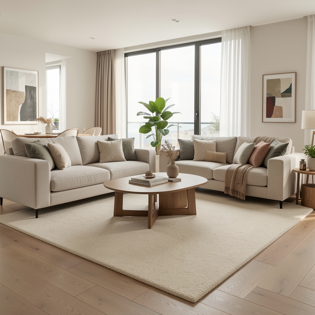 Covor texturat crem pe podeaua unui living modern fără persoane
